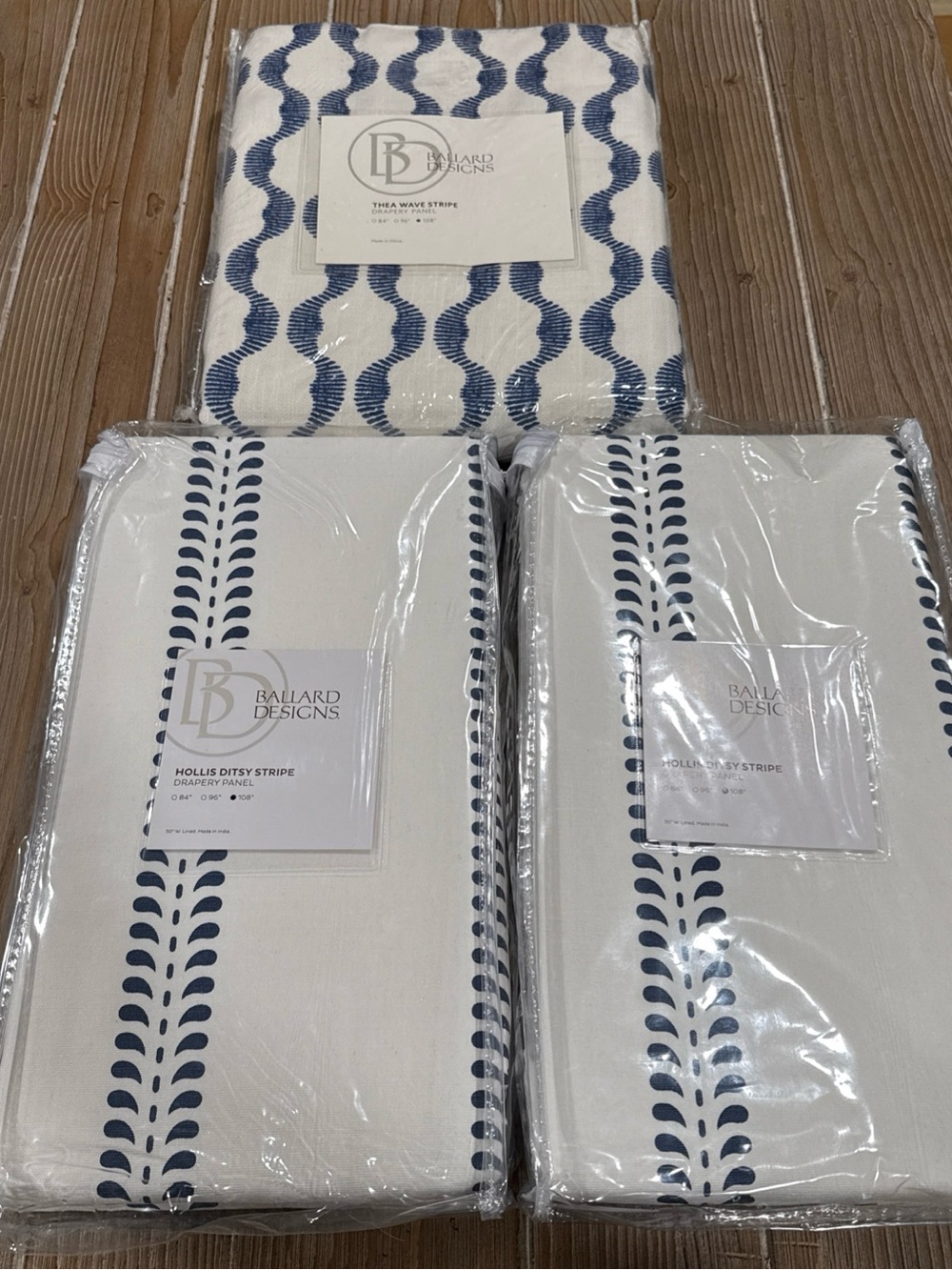 Ballard Designs Drapery Panels Lot of 3 Hollis Ditsy & Thea Wave Stripe 108” New